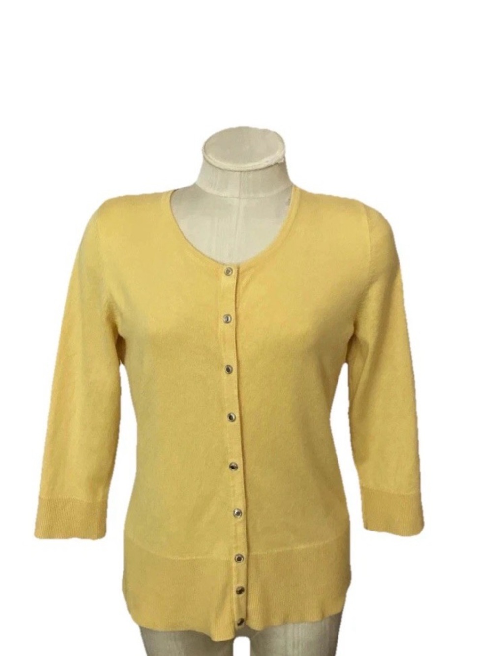 White House Black Market WHBM Wom Medium Yellow Snap-Front Crewneck Cardigan